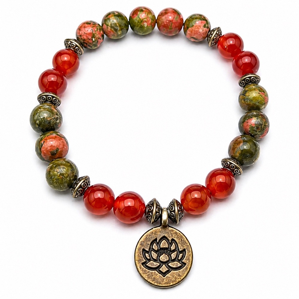 Unakite Carnelian Beaded Lotus Charm Stretch Bracelet Antique Bronze Boho Zen